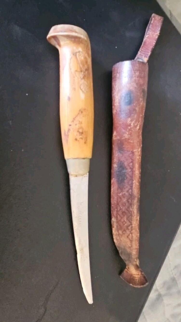 Vintage J. Marttiini Finland Puukko Knife Original Leather Sheath Wood Handle